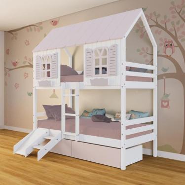 Imagem de Beliche Casinha Bela com 2 Gavetas Rosa Kit Escada/Escorregador - Madeira Maciça Branco/Rosa | Megamobilia