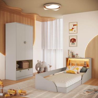 Imagem de Quarto Infantil Cama Solteiro Montessoriana Led Guarda Roupas CJ079 Lille - Arena