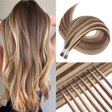 Imagem de Extensões de cabelo I Tip Hair Humano 35 cm I Tip Extensions Brown Highlights Bleach Loiro Natural Liso Itips Hair #4/613 Remy Extensões de cabelo pré-coladas para mulheres 60 anos 45 g