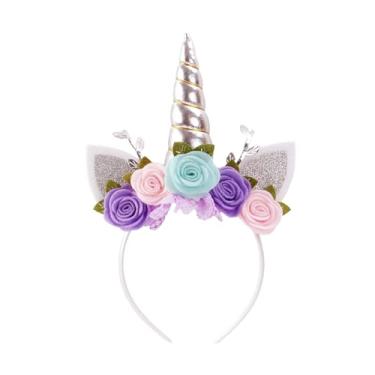 Imagem de Nishine Tiara de unicórnio, flores não tecidas, orelhas de gato, tiara de cabeça de pônei, chifre com glitter para cosplay, suprimentos de festa de unicórnio (prata, turquesa)