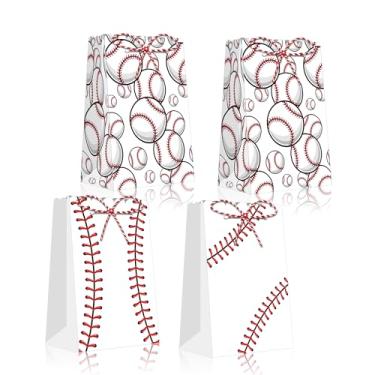 Imagem de 12 peças de sacos de presente com padrão de beisebol, saco de papel kraft para presente de festa de beisebol com corda de cânhamo vermelha e branca, tema de beisebol, jogos diurnos esportivos