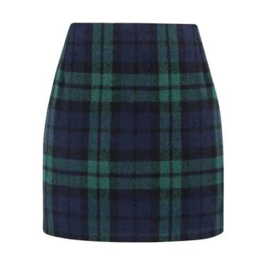 Imagem de Saia feminina Kinghua xadrez de lã, mini cintura alta, Bodycon, verde