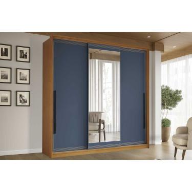 Imagem de Guarda Roupa 3 Portas de Correr (1 c/ espelho) e 4 Gavetas Valência Freijo/Azul - Politorno