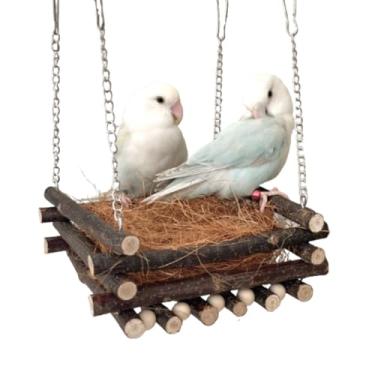 Imagem de Cama giratória de madeira natural com fibra de coco para gaiola, papagaios, ponte de escalada mastigável, suporte de treinamento de pássaros para conures calopsitas Lovebird Budgies promove exercícios