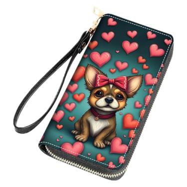 Imagem de FQTBCEARI Carteira feminina de grande capacidade de couro PU com zíper bolsa clutch, Cão de desenho animado com laço na cabeça, One Zippers