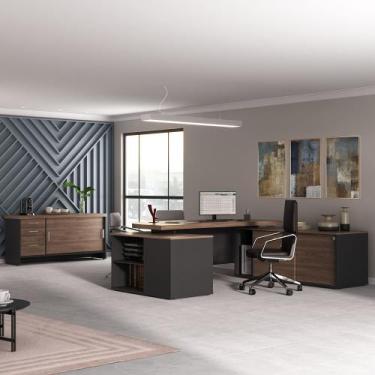 Imagem de Conjunto Mesa Presidente e Balcão com Gavetas Cor Charuto com Preto - 