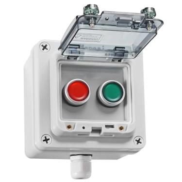 Imagem de Interruptor de botão IP67 caixa impermeável para uso externo com 2 botões de descanso automático vermelho e verde com capa protetora antimau funcionamento