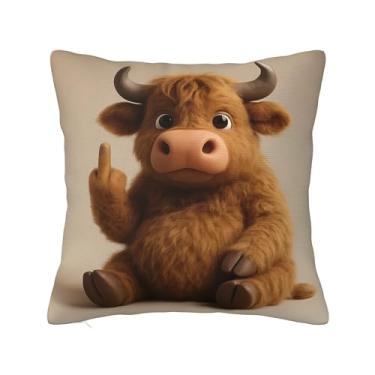 Imagem de Beanstack Linda fronha de pelúcia de vaca Highland com dedo médio - Almofada fofa de pelúcia de dedo médio The Attitude Squad Funny Middle Rebellious Office Desk (Style-Bull) 45,7 x 45,7 cm
