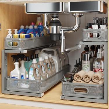 Imagem de Biboraya Pacote com 2 organizadores sob a pia de 53 cm de profundidade com trilho cilíndrico liso, armazenamento multiuso de 2 camadas para banheiro e cozinha, altura ajustável, revestimento