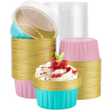 Imagem de EUSOAR Copos de panificação com tampas, 100 peças de 142 g Creme Brulee Ramekins descartáveis para cupcake, fornos descartáveis para forno, fornos de cupcake, copos de ramequins com tampas para