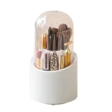 Imagem de Organizador Maquiagem Com Porta Pincel Giratório 360º Com Tampa 7 Divisórias Para Viagem Móvel Impermeável Resistente (Branco)
