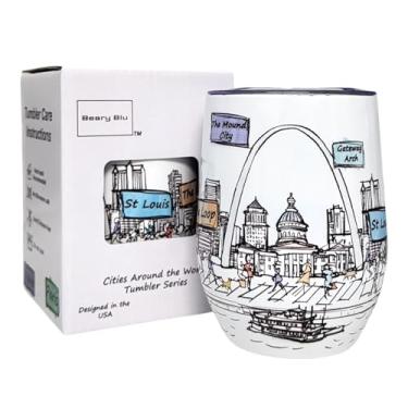 Imagem de Beary Blu Série de copos Cities Around the World de 350 ml - Projetado nos EUA - Copo isolado a vácuo com tampas - Caneca de viagem de aço inoxidável para vinho e café, água, para bebida quente e fria