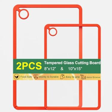 Imagem de DomestiCore Tábua de corte de vidro temperado para cozinha com ranhura de suco, bordas de silicone antiderrapantes, não tóxicas e seguras para lava-louças com orifício para pendurar (2 peças vermelhas