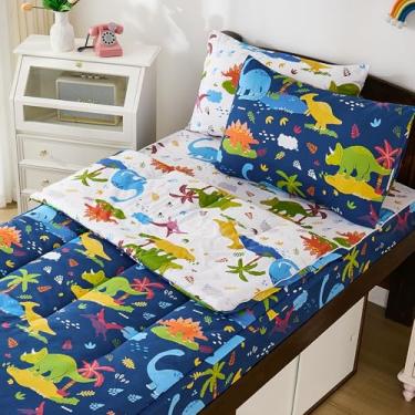 Imagem de DJY Jogo de cama casal com zíper, dinossauro, azul marinho, para crianças, lençol com elástico, tudo em um para todas as estações