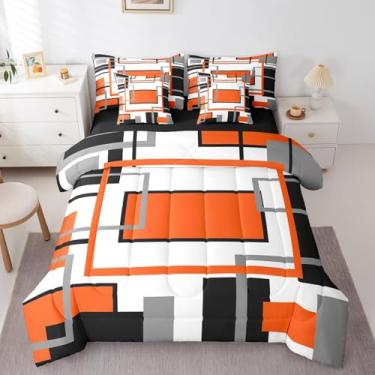Imagem de Erosebridal Conjunto de edredom King Size laranja e branco, cama geométrica quadrada abstrata moderna em uma bolsa, colcha listrada de graffiti boho, arte minimalista, roupa de cama contemporânea com