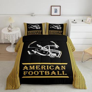 Imagem de Feelyou Jogo de cama de futebol americano, para meninos, crianças, Queen, jogo de rúgbi, conjunto de edredom com listras pretas e amarelas, conjunto de edredom de capacete esportivo, 3 peças