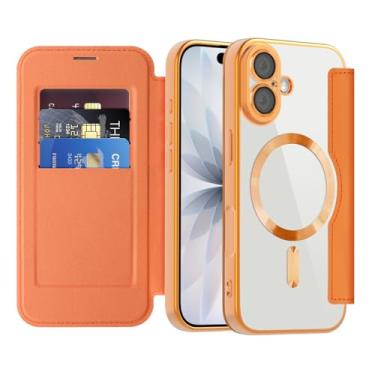 Imagem de Asdsinfor Capa flip para iPhone 17 capa de couro transparente galvanizada resistente 360 proteção sem fio com compartimento para cartão antideslizante capa carteira para Apple iPhone 17. Laranja JD