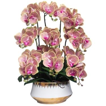 Imagem de CXGS Orquídeas flor artificial toque real orquídea falsa em vaso de cerâmica grande 60 cm manchas roxas falsas Phalaenopsis arranjos florais mesa de centro de mesa decoração interna para casa