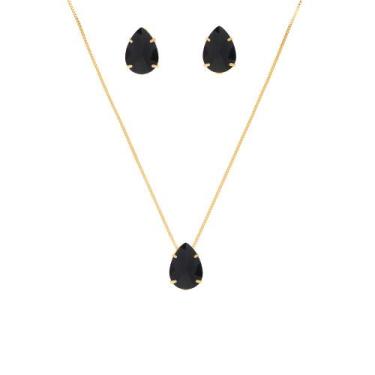 Imagem de Conjunto Colar E Brinco Gota Pedra Preta Folheado A Ouro 18k - Milena 