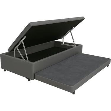 Imagem de Cama Box Báu Solteiro C/Auxiliar com espuma de 6cm, Com Pistão a Gás, Suporta 200kg (Corino Cinza)