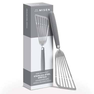 Imagem de Misen Espátula de aço inoxidável para peixes – Espátula com fenda para cozinhar – perfeita para fritar – Resistente ao calor – Segura para lava-louças – Flipper flexível de 1 mm de espessura – Alça de