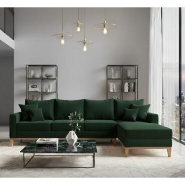 Imagem de Sofá Beny com Chaise Direita, 2,60x1,40m, 4 Lugares, Linho, Base em Madeira. (Verde)