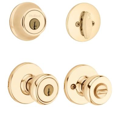 Imagem de Kwikset Tylo Conjunto de maçaneta e fechadura da porta da frente, maçaneta de entrada externa com maçaneta de porta interna, latão polido, segurança SmartKey Rekey resistente a picaretas