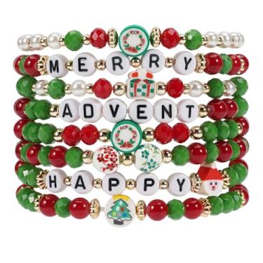 Imagem de Pulseiras de Natal para mulheres Heishi Surfer Polymer Clay Stretch Joy & Merry Candy-Style Stacks para mulheres e adolescentes - Presentes de Natal perfeitos, One Size, Miçangas, Sem Pedra Preciosa