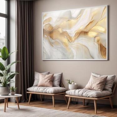 Imagem de Quadro com Moldura e Acrilico Cristal Vidro Sala Quarto Abstrato Dourado Branco Mármore Decorativo Horizontal Grande Hall