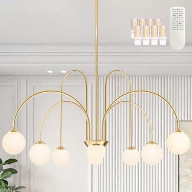 Imagem de Bagood Lustre Sputnik Dourado, Luminária Pendente Globo De 8 Luzes, 38,5" Moderna, Regulável, Com Vidro Branco, Meados Do Século, Para Quarto (Lâmpada G9 E Controle Remoto Inclusos)