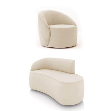 Imagem de Sofá 2 Lugares Orgânico 140cm Morgan e Poltrona Lua Cotelê/Veludo Bege D03 - D'Rossi