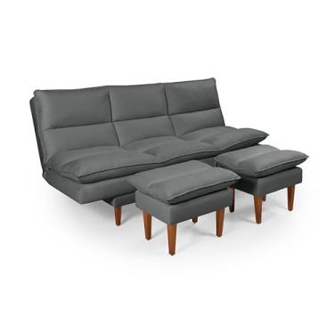 Imagem de Sofá-Cama Vancouver 3 Lugares Chaise com Banquetas, Reclinável 5 Posições em Suede Macio Cinza Casa Imperial