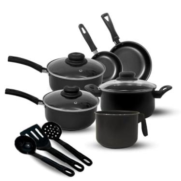Imagem de Jogo Panela Caçarola Conjunto Kit 9 Pçs Antiaderente Tampa Vidro Teflon (Preto)