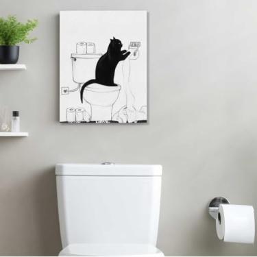 Imagem de Arte de parede em tela de banheiro de gato engraçado, pinturas de arte emolduradas de gato travesso, decoração de parede, cena da natureza, desenhos de amantes de gatos, imagem para sala de estar