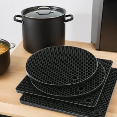 Imagem de Conjunto de 4 peças de tapetes trivet suporte de panela de silicone de alta resistência ao calor antiderrapante 17,8 cm tapetes quadrados e redondos de silicone, tapete de secagem, abridor de jarras
