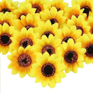 Imagem de 25 cabeças falsas de girassóis – flores artificiais de 7 cm, margarida gerbera de seda para artesanato DIY, decoração de casa, festa de casamento