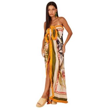 Imagem de Canga Quadrada Bege Estampada Com Franjinhas Yacamim K2, unico, Estamp