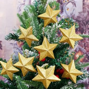 Imagem de Pingente de estrela de Natal com glitter de 5 cm para pendurar árvore de Natal, enfeite de estrela de cinco pontas, artesanato, festa de aniversário, decoração de casa, 6 peças (ouro)