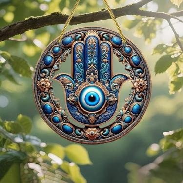 Imagem de Acrílico colorido Suncatcher, mão Hamsa ornamentado olho turco 18 cm janela suspensa decoração de parede com design de estilo vitral impresso, ideia de presente e ornamento de jardim uso interno e