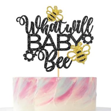 Imagem de What Will Baby Bee Cake Topper, Black Glitter Bumble Bee Gender Revelar Decorações para Crianças Chá de Bebê Mommy & Daddy to Be Party Supplies