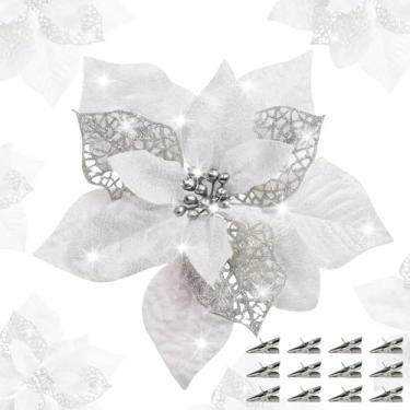 Imagem de QIHANS 24 peças de flores de poinsétia de Natal artificiais com clipes, decoração de Natal de 15 cm, flores de poinsétia com glitter para árvore de Natal, guirlanda de festa de casamento de ano novo