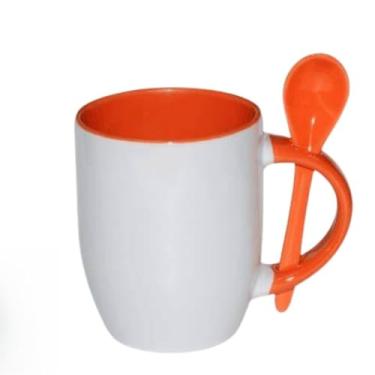 Imagem de XíCara de Café, Caneca para Bebidas Quentes com Colher (Base Curva) 325 ml a Colher Não Cai Da Caneca. (Laranja)