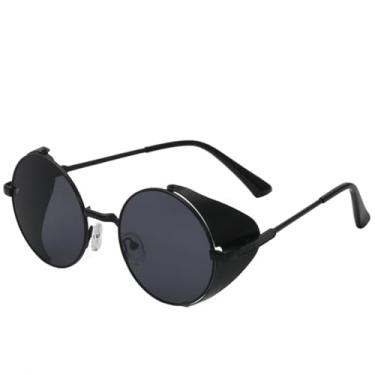 Imagem de JRLLFD Óculos de sol redondos cyberpunk com revestimento de metal, luxuosos, clássicos, masculinos, para dirigir ao ar livre, UV400 (preto, cinza)