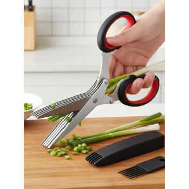 Imagem de Tesoura de ervas de aço inoxidável de 5 lâminas com kit de limpeza para ervas, legumes, lavável na lava-louças, preto e vermelho
