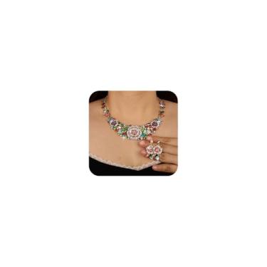 Imagem de Missgrace Conjunto de brincos de colar feminino azul vermelho coloful strass cristal flor noiva casamento casamento colar colar flora brincos pendentes para festa de casamento, formatura, noivas, dama