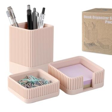 Imagem de Conjunto de 3 organizadores de mesa e acessórios estéticos com suporte de caneta, suporte de clipe de papel, suporte de notas adesivas – suporte de lápis de plástico durável para escritório, mulheres