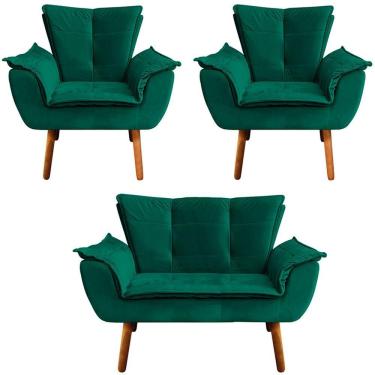 Imagem de 2 Poltronas E 1 Namoradeira Pés Palito Charger Veludo Verde