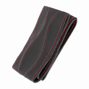 Imagem de Eacam Capa de Couro para Volante de 38 Cm, Costura à Mão Em Relevo Com Agulha e Linha, Decoração de Carro Elegante DIY, Preto Vermelho, Feita de Couro Macio e Resistente, Aplicação (Preto Vermelho)