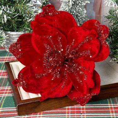 Imagem de 1 peça de flores artificiais de magnólia de Natal com glitter, flor vermelha falsa, enfeite de árvore de Natal, casamento, ano novo, suprimentos para casa