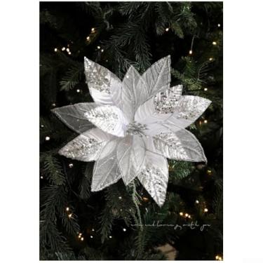 Imagem de Enfeite de guirlanda de Natal de poinsétia artificial de tecido com malha de glitter e tule, peça central de férias de 29 cm em prata, vermelho, ouro ou rosa